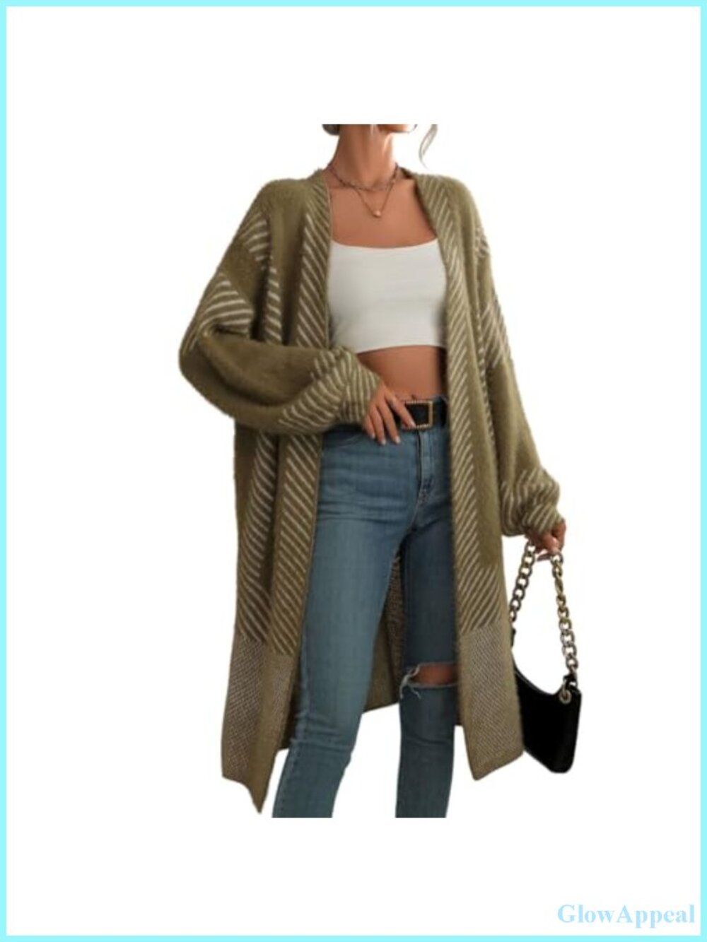 Fuzzy Long Cardigan Sweater Striped Knit Jacket Coat V-Neck Open Front